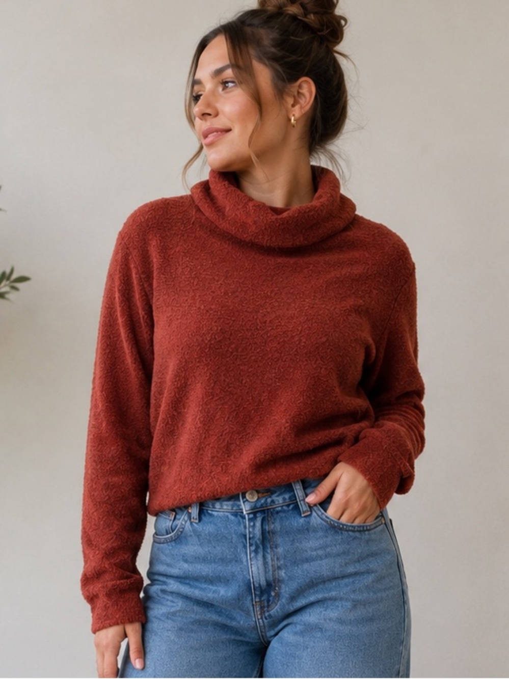 Free People‎ Rust Bouclé Cowl Neck Sweater Alpaca Wool Blend Cozy Pullover Large
